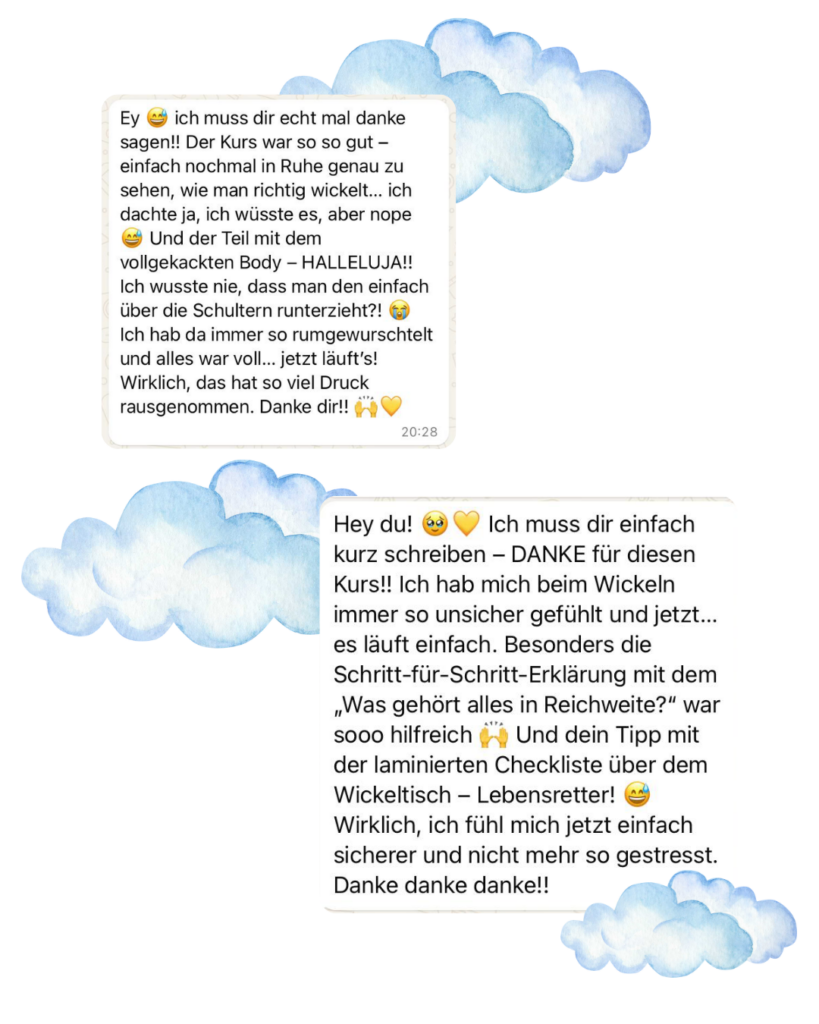 Veronika Hilger Kundenstimme zum Wickelkurs – Mockup mit echter WhatsApp-Nachricht einer begeisterten Mama als Testimonial