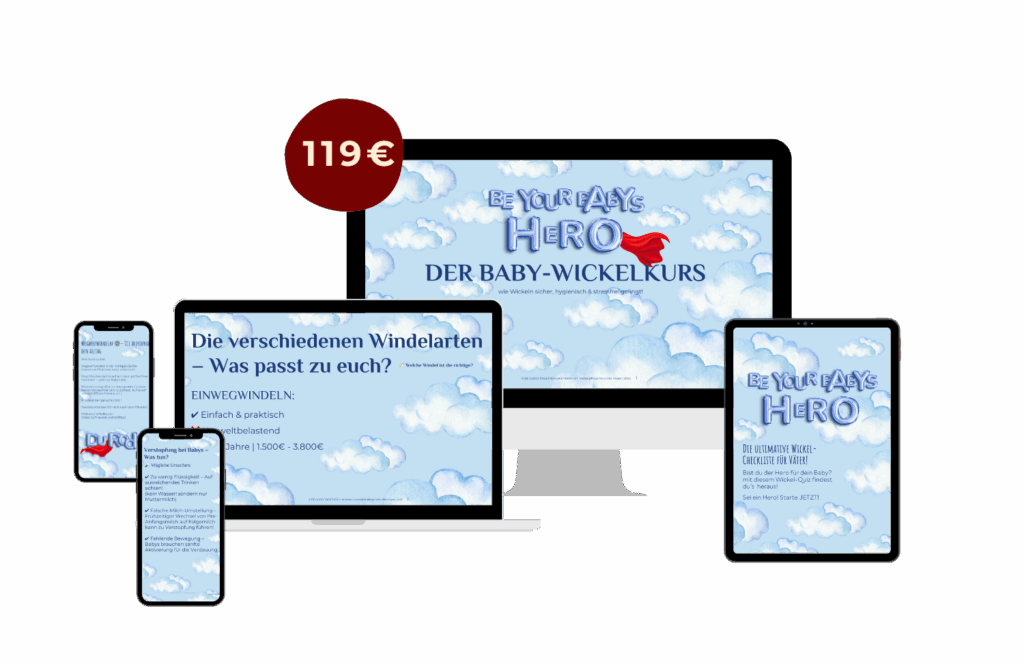 Veronika Hilger Mütterpflege Mock-up des Onlinekurses „Baby Wickel-Kurs“ mit Kursinhalten auf Smartphone, Tablet und Desktop.