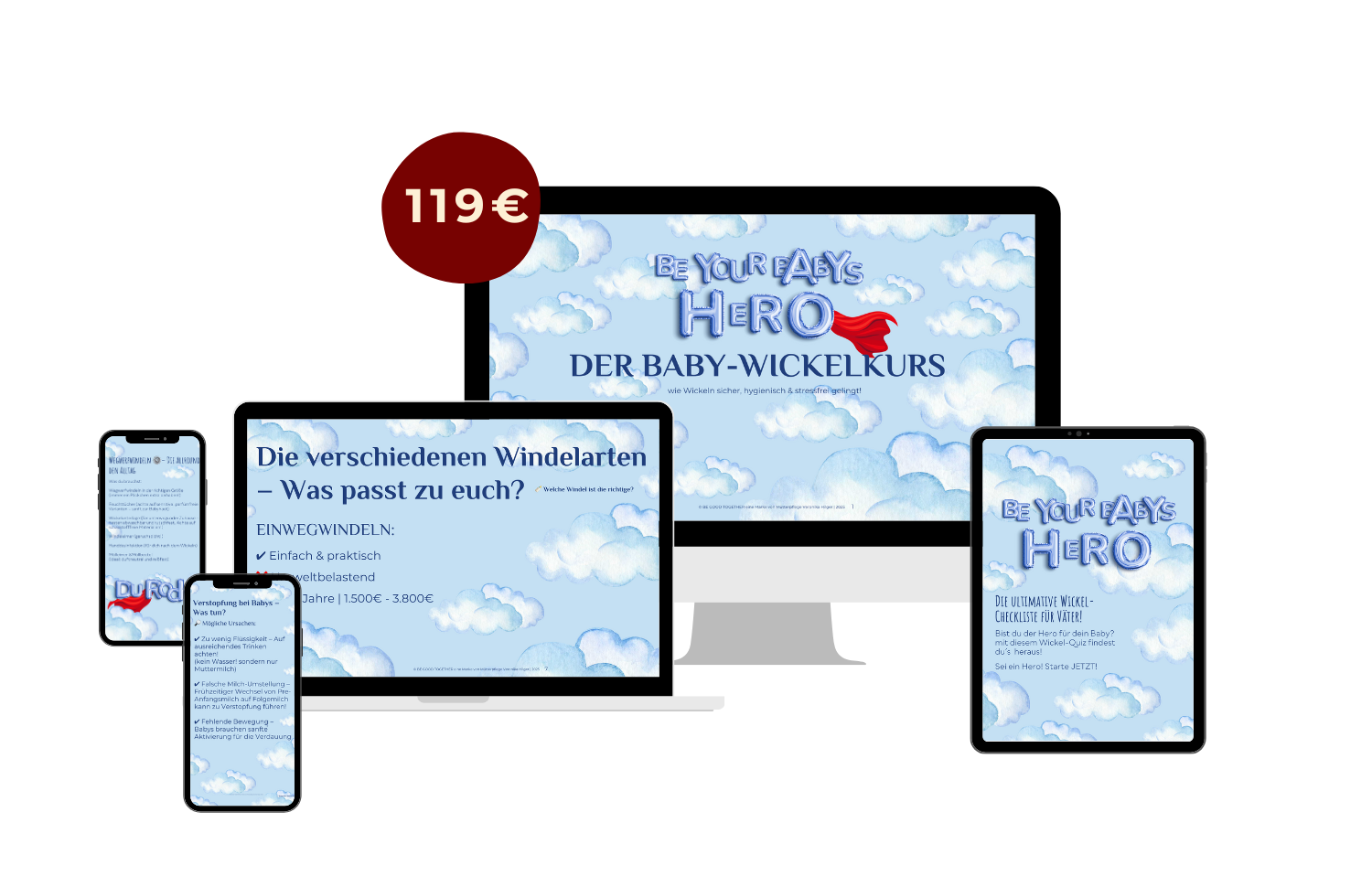 Veronika Hilger Mütterpflege Mock-up des Onlinekurses „Baby Wickel-Kurs“ mit Kursinhalten auf Smartphone, Tablet und Desktop.