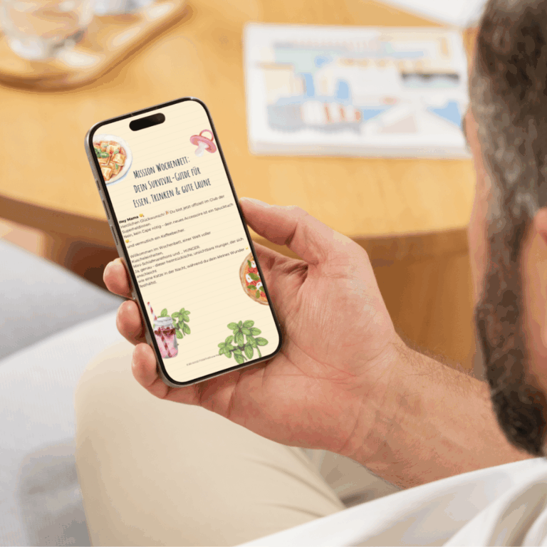 Mann hält Smartphone mit geöffnetem „Hangry Mom Guide“ – Survival-Guide fürs Wochenbett rund ums Essen, Trinken & gute Laune, Vroni Hilger, Veronika Hilger