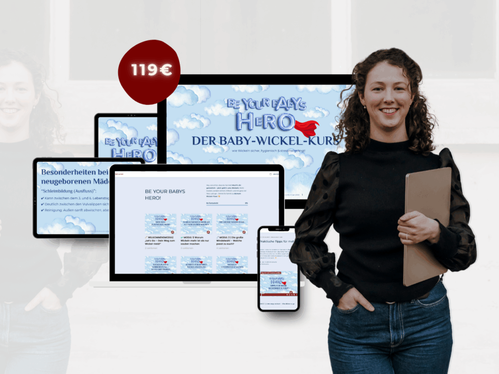 Veronika Hilger mit Laptop vor Kurs-Mockup: Onlinekurs „Be Your Baby’s Hero – Der Baby-Wickelkurs“ auf mehreren Geräten sichtbar Vroni Hilger