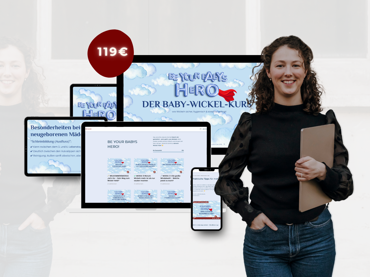 Veronika Hilger mit Laptop vor Kurs-Mockup: Onlinekurs „Be Your Baby’s Hero – Der Baby-Wickelkurs“ auf mehreren Geräten sichtbar Vroni Hilger