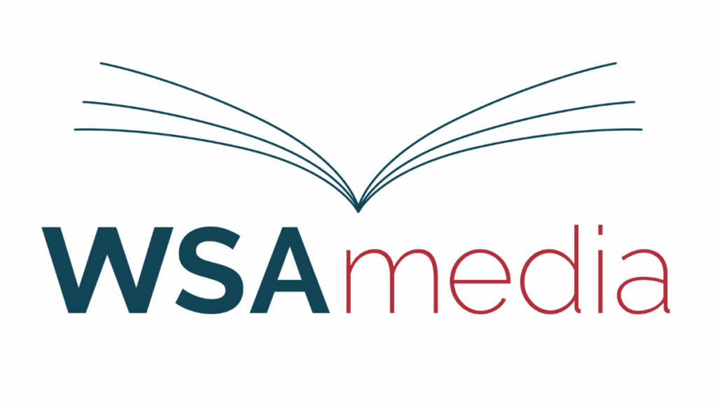 Logo von WSAmedia mit aufgeschlagenem Buchsymbol und der Wortmarke „WSAmedia“ in Blau und Rot.