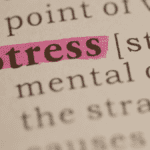 Nahaufnahme des Wortes Stress in einem Wörterbuch, pink markiert – Symbolbild für mentalen Druck rund um Weihnachten mit Neugeborenen